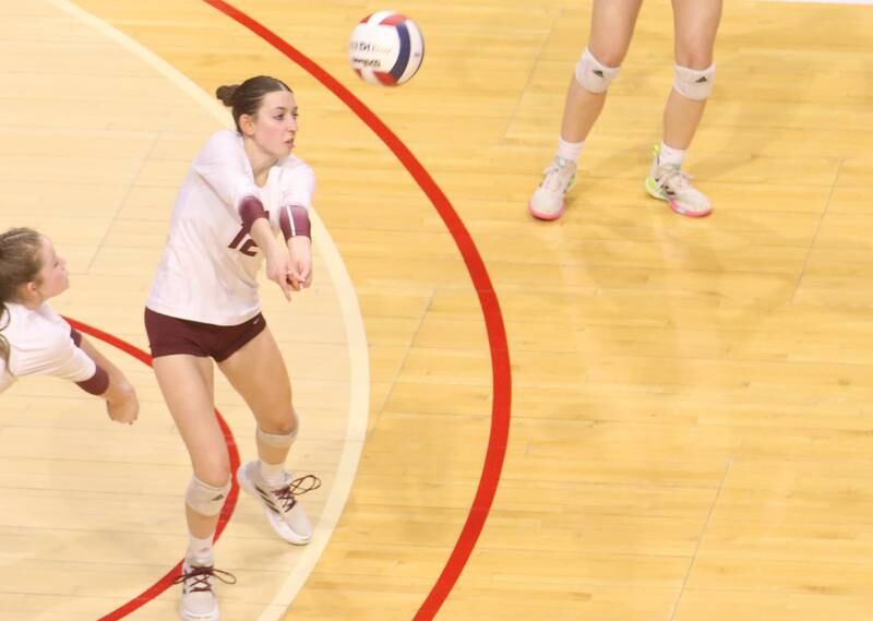 Prairie Ridge's Julia Reina returns a serve from Limestone during the Class 3A State semifinal game on Friday, Nov. 15, 2024 at CEFCU Arena in Normal.
