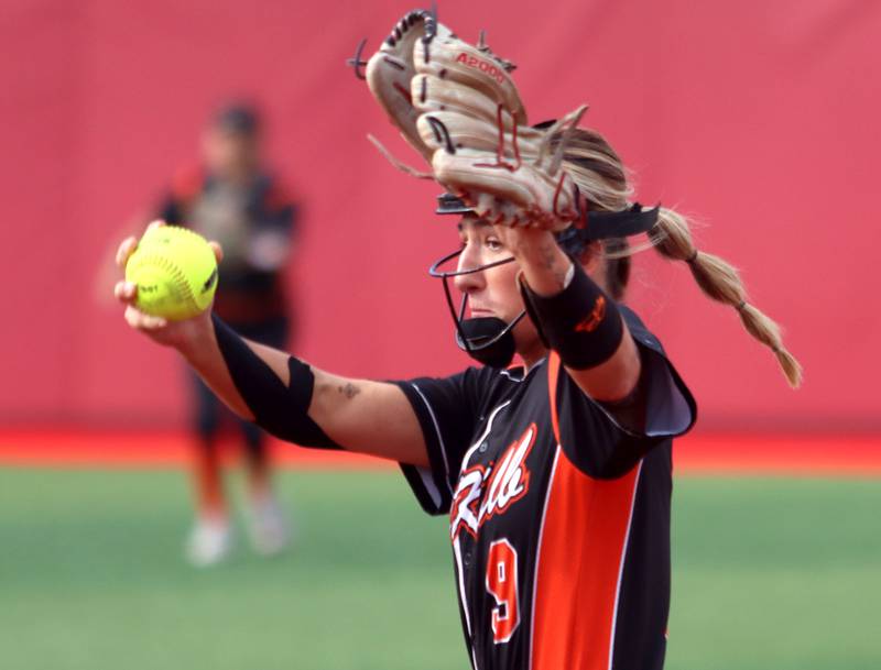 DeKalb’s Ayla Gould deals against Huntley in IHSA Class 4A Sectional Semifinal softball action at Barrington High School in Barrington on Wednesday, June 4, 2025.