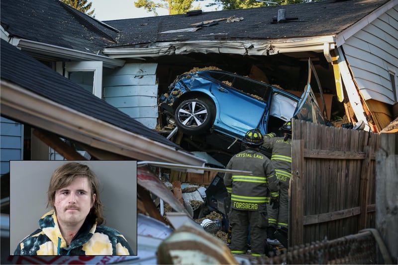 Connor C. Kirkpatrick, inset, was charged with criminal damage to property, aggravated reckless driving and reckless conduct in connection to a July 27, 2022, crash that sent his car into a Crystal Lake home, seriously injuring the homeowner.