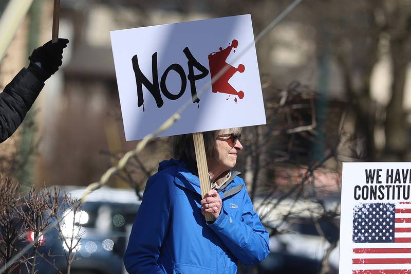 A protestor holds a sign along East 9th Street at the No Kings rally on Saturday, March 28, 2026 in Lockport.