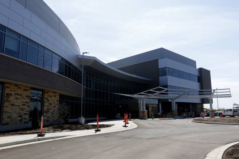 The front entrance of the new Mercyhealth hospital in Crystal Lake on Friday, April 21, 2023, as construction continues. The hospital is ramping up hiring as it gets set to open in this summer.