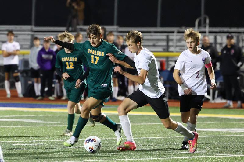 Coal City’s Adrian Dames dribbles through the box under pressure during the Coalers' 1-0 victory over Williamsville in the IHSA Class 1A Maroa-Forsyth Super-Sectional on Monday, Nov. 3, 2025.