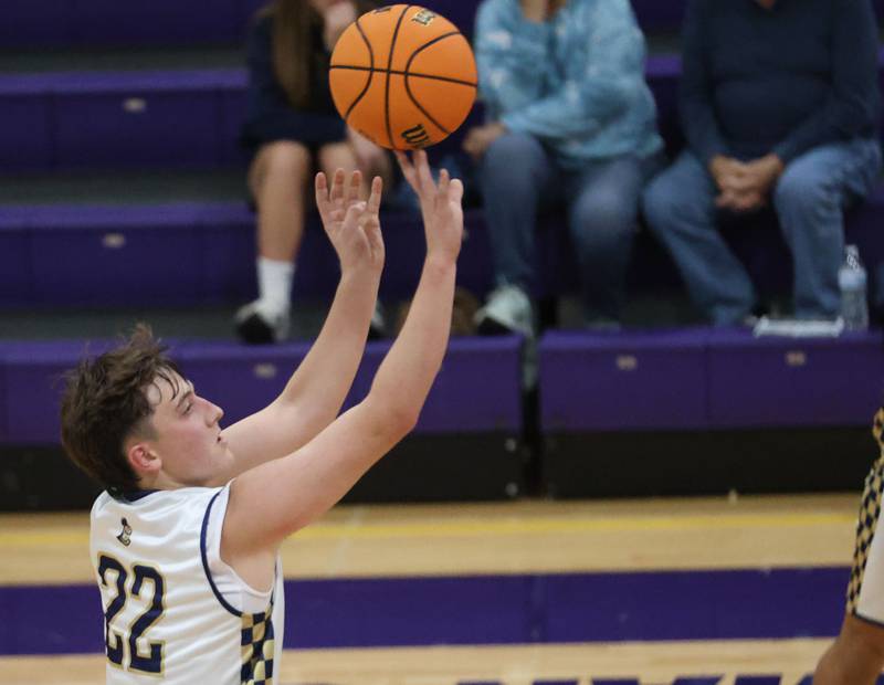Marquette's Griffin Dobberstein shoots a wide-open shot against Earlville during the Huskers Hardwood Tip-Off Tournament on Tuesday, Nov. 25, 2025 in Serena.