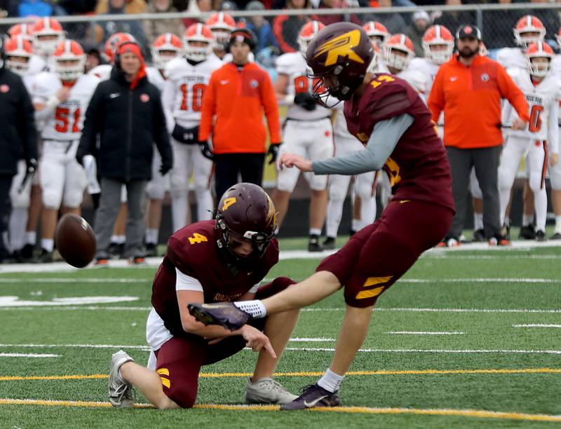 Richmond-Burton's Trey Maziarz kicks a field goal; during an IHSA Class 3A semifinal playoff football game against Byron on Saturday, November 22, 2025, at Richmond-Burton High School, in Richmond.