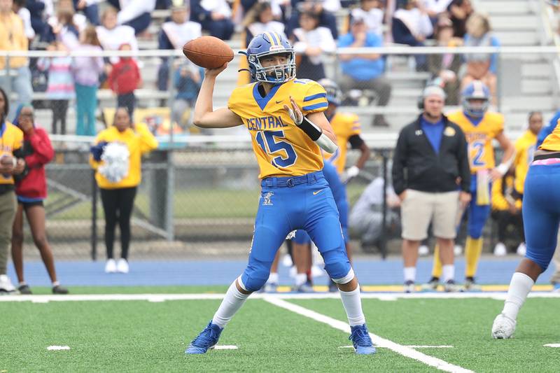 Joliet Central’s Caleb Christos passes against Joliet West on Saturday, Sept. 28, 2024 in Joliet.
