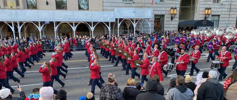 The cymbal line marching in the Macy's Thanksgiving Day parade. Woodstock teacher Katy Holub was among the participants