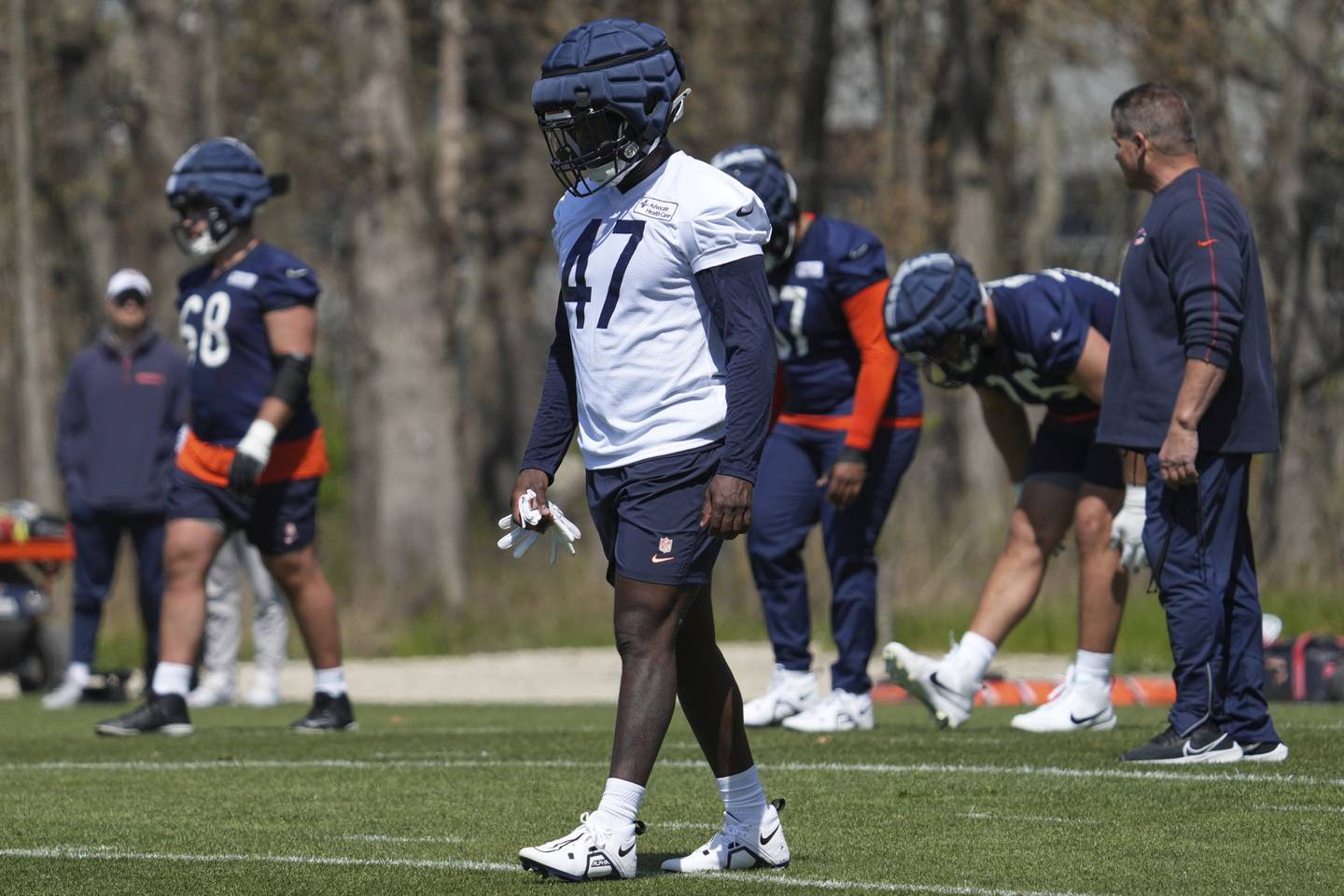 Chicago Bears linebacker Ruben Hyppolite II (47) attends the NFL football team's rookie camp in Lake Forest, Ill., Friday, May 9, 2025. (AP Photo/Nam Y. Huh)
