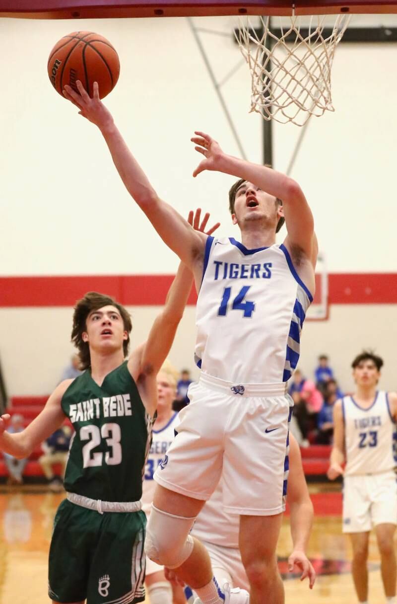 Princeton's Grady Thompson shoots against St. Bede Saturday night in the Colmone Classic.