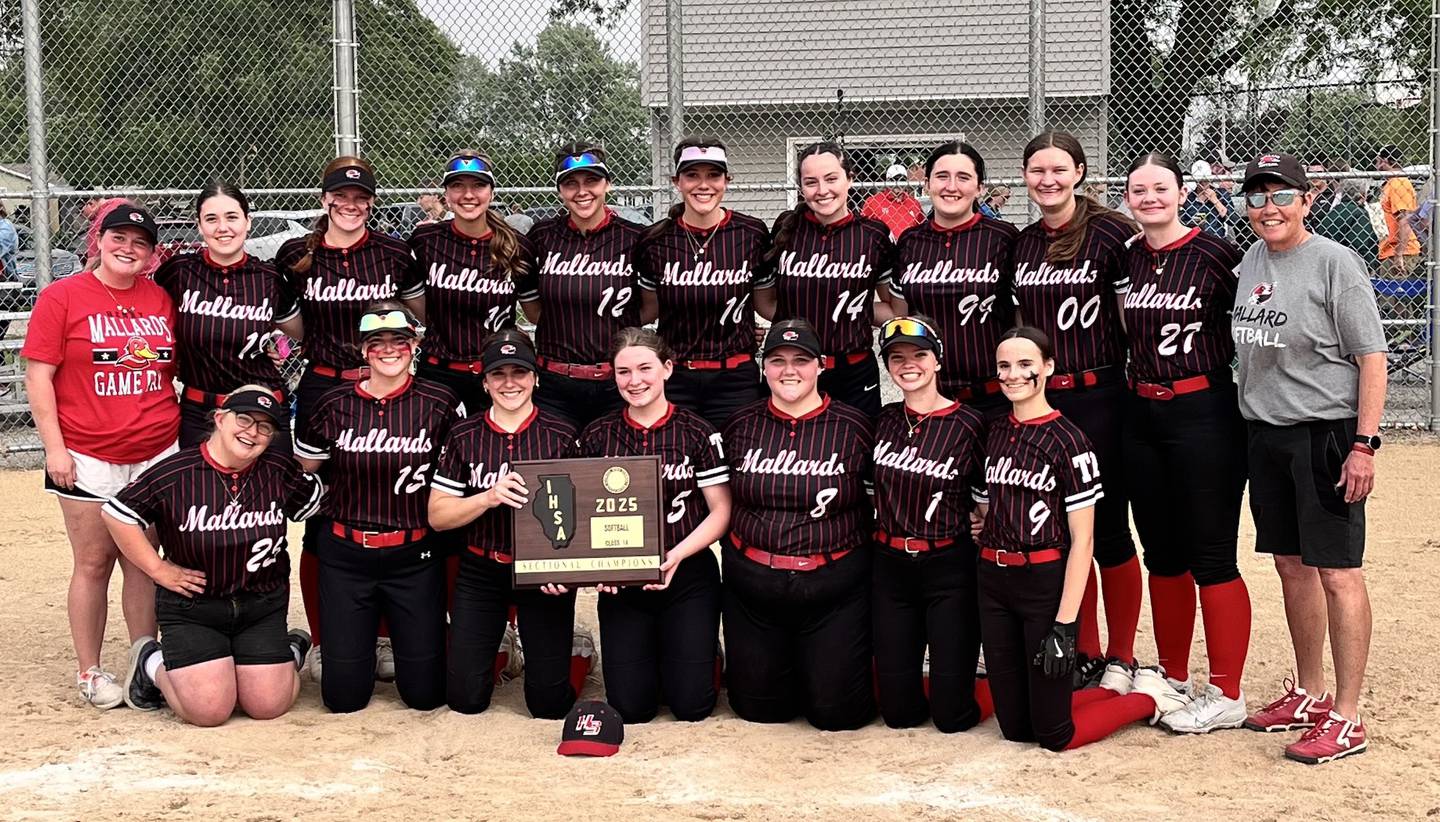 The Henry-Senachwine softball team poses with its plaque after beating West Central 2-1 in the Class 1A AlWood Sectional championship Friday in Alpha.
