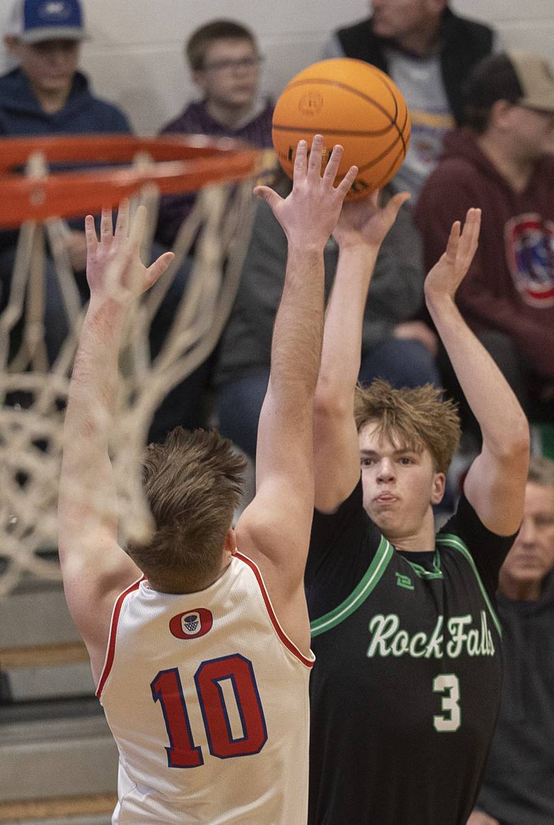 Rock Falls’ Cole Heald puts up a three-pointer against Oregon Wednesday, Feb. 25, 2026, in the Class 2A regional semifinal at Rock Falls High School.