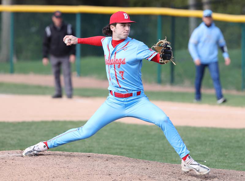 Benet's Jake Perrino pitches during the varsity baseball game between Benet Academy and Nazareth Academy in La Grange Park on Monday, April 24, 2023.
