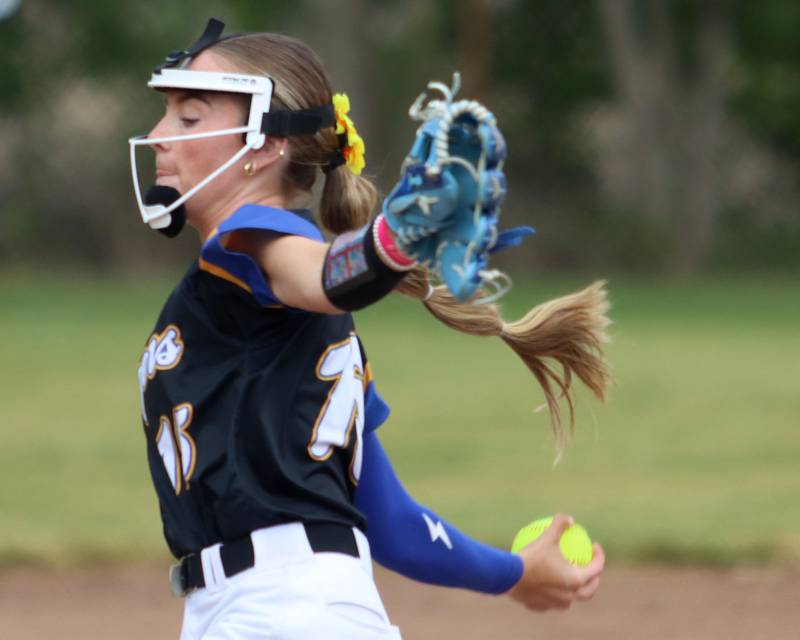 Aurora Central Catholic’s Corina Maratea delivers against Marengo in varsity girls softball IHSA Class 2A Regional Title Game action on Friday, May 22, 2026 at Raymond Benoy Field on the campus of Marian Central High School in Woodstock.