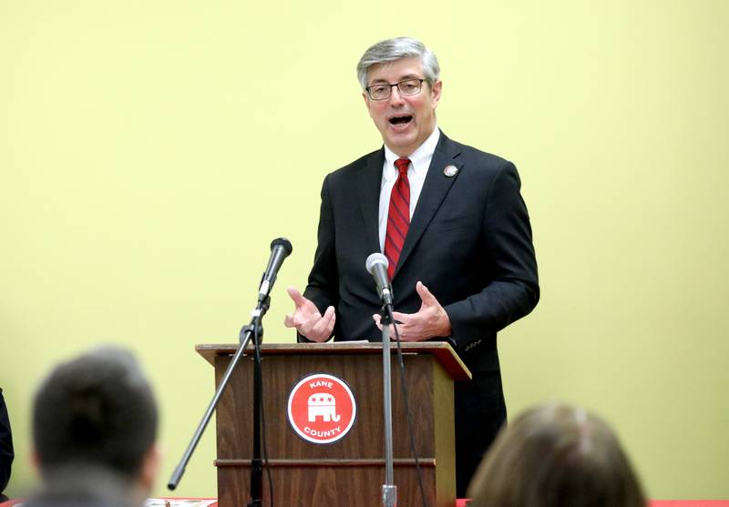 State Rep. Dan Ugaste, R-Geneva, who is running for re-election, gives a statement during a press conference introducing candidates for the 2024 primary election at the Kane County Republican Central Committee headquarters in St. Charles on Wednesday, Jan. 3, 2024.