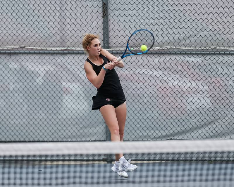Plainfield North's Jessica Kovalcik returns a shot in her match against Sophia Baltz at the Plainfield North Girls Tennis Invite.  Oct 4th, 2023.