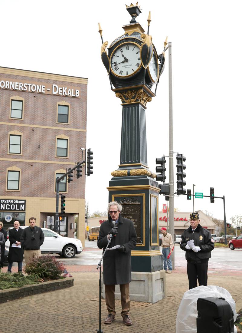 DeKalb City Manager Bill Nicklas speaks Thursday, Nov. 11, 2021, during a Veterans Day and Soldiers' and Sailors' Memorial Clock rededication ceremony in downtown DeKalb.