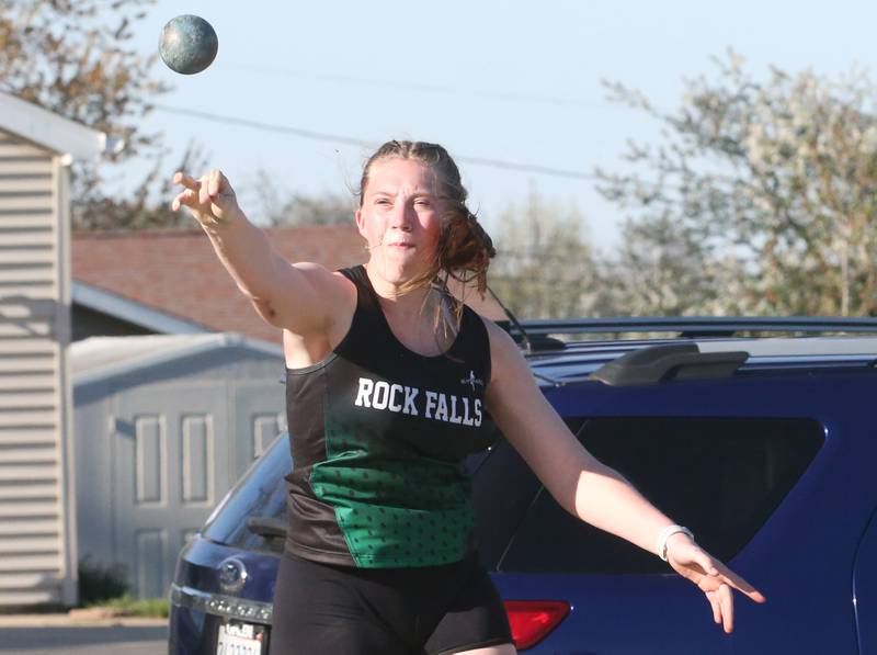 Rock Falls's Kayla Hackbarth throws shot during the Ferris Invitational on Monday, April 15, 2024 at Princeton High School.
