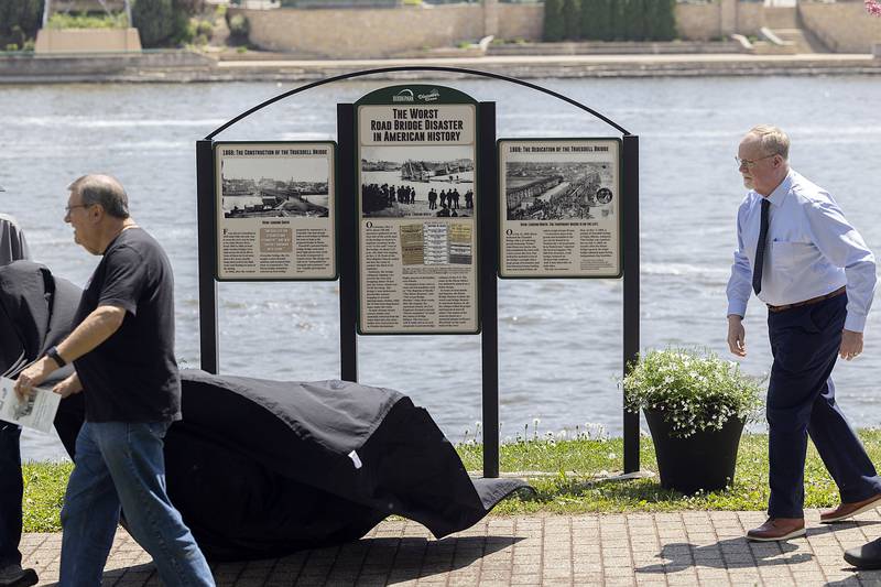 The newest riverfront attraction in unveiled in Dixon Sunday, May 7, 2023 at the spot where the Truesdell Bridge collapsed 150 years ago.