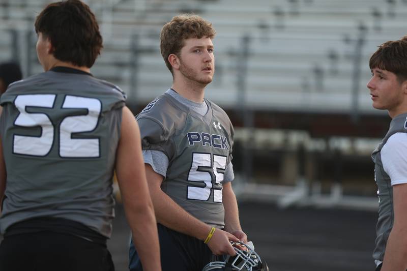 Oswego East’s Brody Summers stands on the sidelines between drills at the IHSA Southwest Suburb Showcase combine on Thursday, May 7, 2026 at Plainfield North High School.
