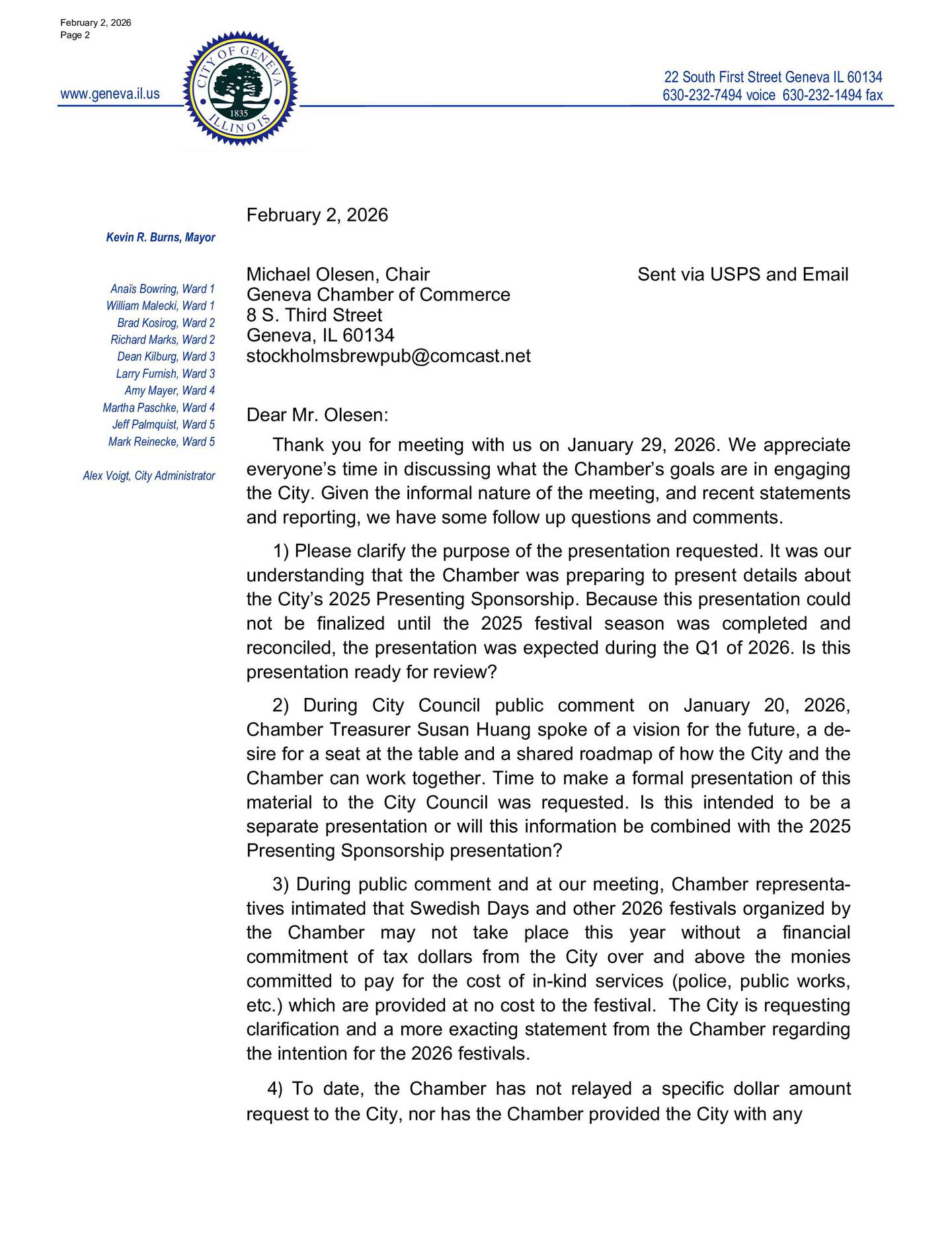 A letter from Geneva City Administrator Alex Voigt to Geneva Chamber of Commerce Board President Michael Olesen, detailing the city's concerns with the chamber's finances.