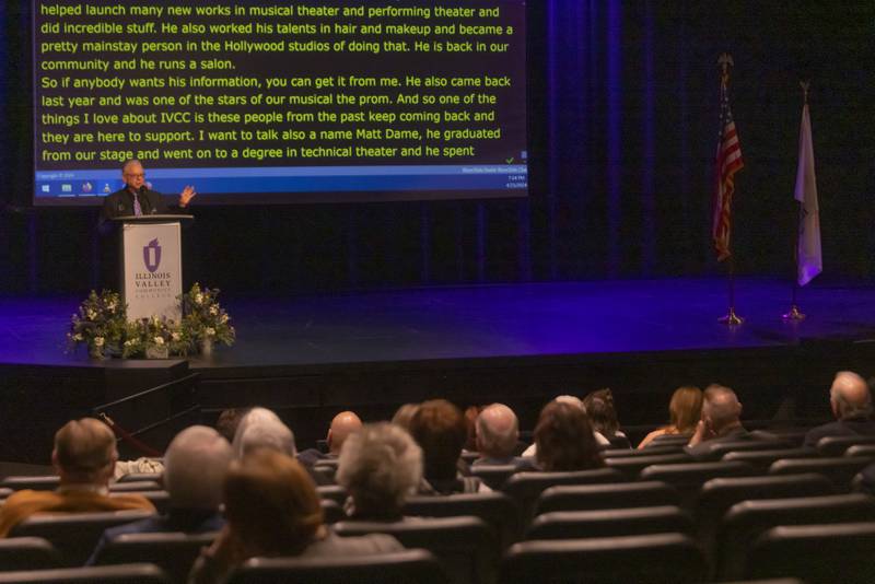 Illinois Valley Community College’s David Allan Kuester presents a speech on the history and alumni of the college’s theater program at Dr. Mary Margaret Weeg Cultural Centre on April 25, 2024.