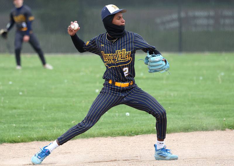 Neuqua Valley's Jaleel Glover throws the ball across the diamond Tuesday, May 5, 2026, during their game at DeKalb High School.