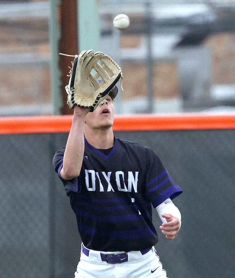 Dixon's Eli Kirchoff makes a catch in left field Thursday, May 29, 2025, during their Class 3A regional semifinal game against Sycamore at Freeport High School.