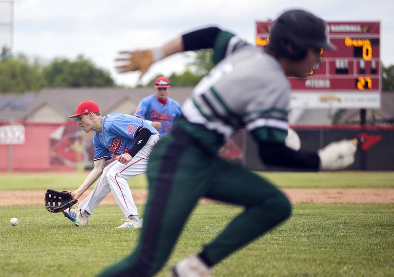 Oregon’s Bryce Becker comes off the mound to field a ball against Rock Falls in the Stillman Valley Class 2A Regional semifinal Thursday, May 22, 2025.