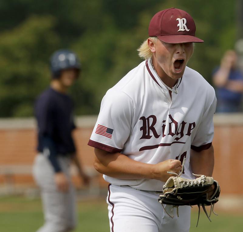 Prairie Ridge’s Owen Satterlee reacts to working out of a jam during the IHSA Class 3A Grayslake Central Sectional semifinal baseball game against Cary-Grove on Wednesday, June 4, 2025, at Grayslake Central High School.