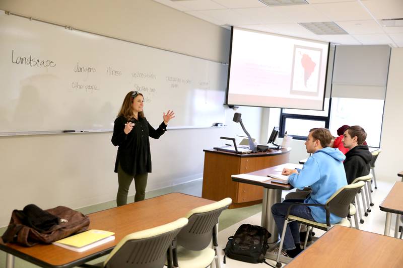 Amy Powers teaches a history class at Waubonsee Community College in Sugar Grove.