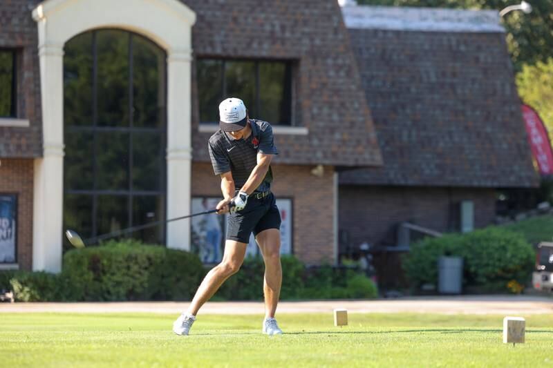 Bradley-Bourbonnais' Sam Frey tees off during the Boilermakers' match against Sandburg at the Kankakee Elks on Aug. 14, 2025.