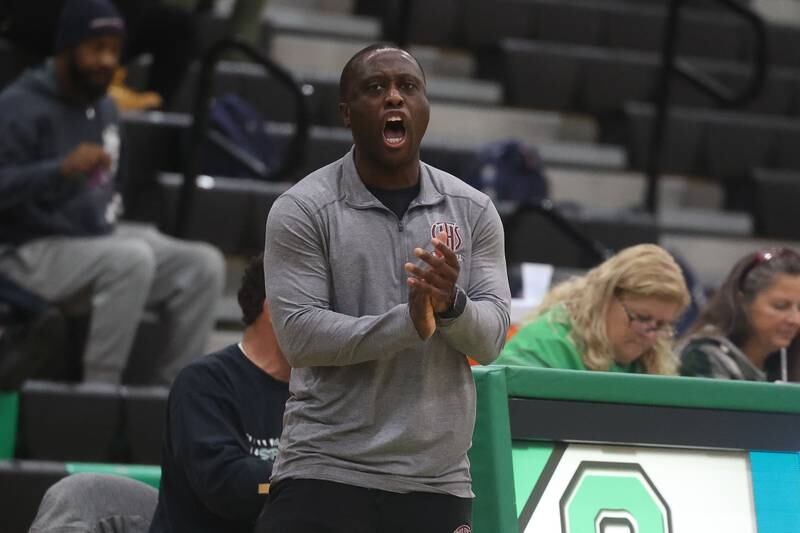 Lockport head coach Darien Jacobs reacts to a big play against Romeoville in the Oak Lawn Holiday Tournament championship on Saturday, Dec.16th in Oak Lawn.