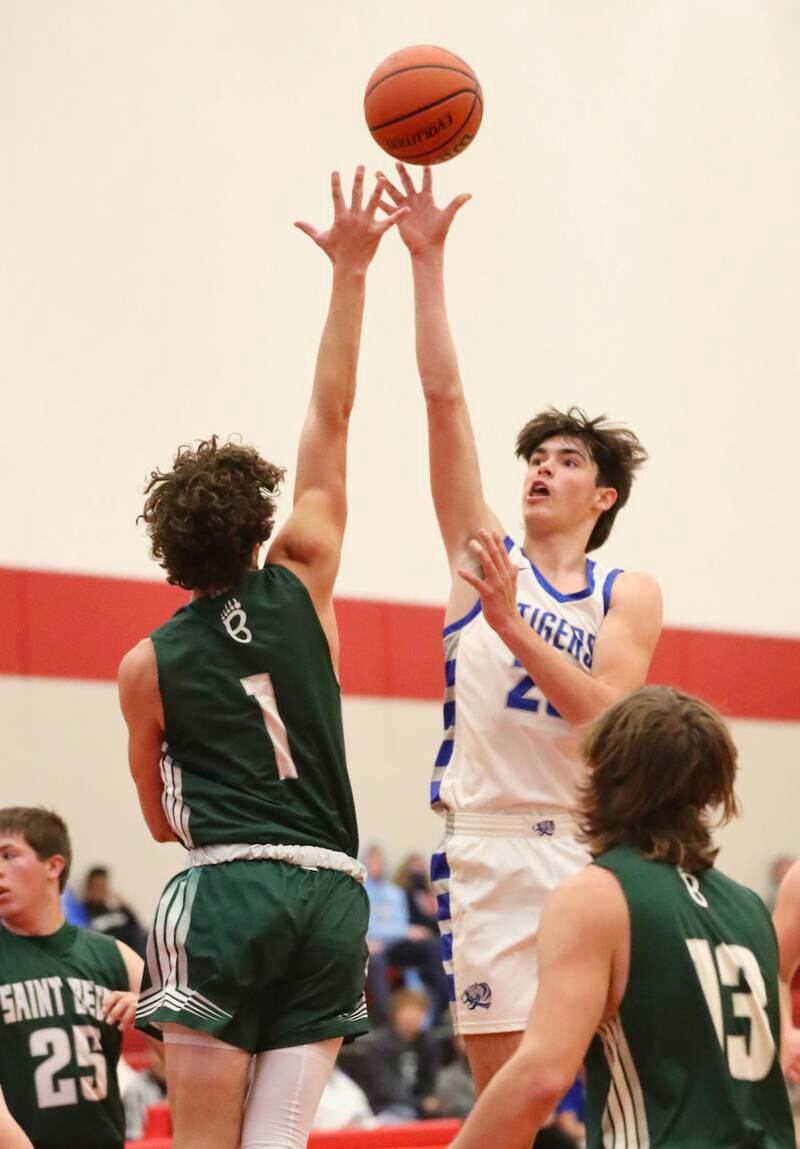 Princeton's Noah LaPorte shoots over St. Bede's Connor Brown Saturday night in the Colmone Classic.