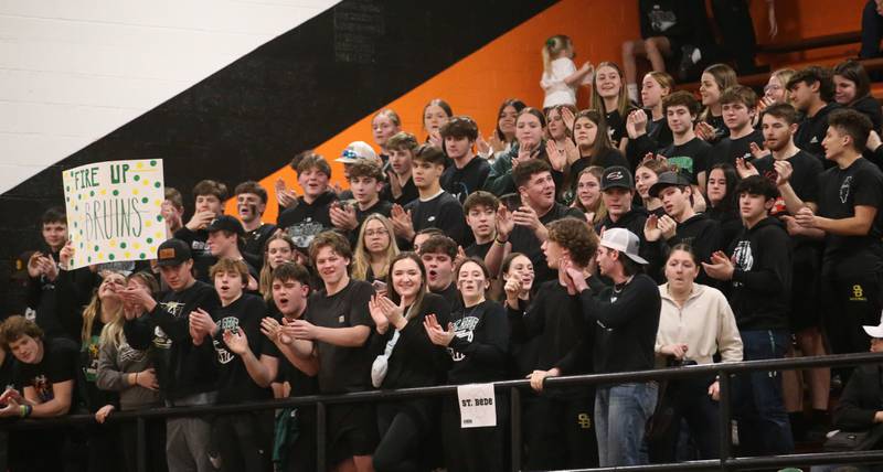 St. Bede superfans cheer on the Lady Bruins during the Class 1A Sectional final game on Thursday, Feb. 22, 2024 at Gardner-South Wilmington High School.