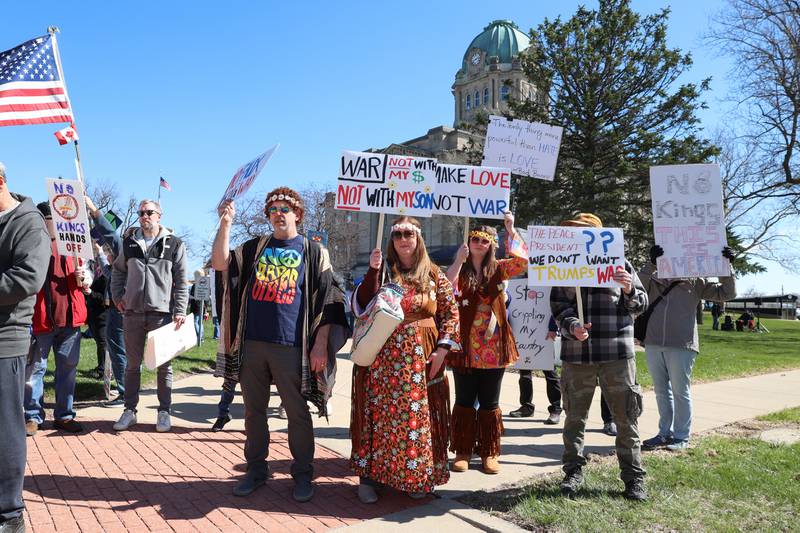 Protesters voice their opposition to the war in Iran during the No Kings rally at the Kankakee County Courthouse on March 28, 2026.