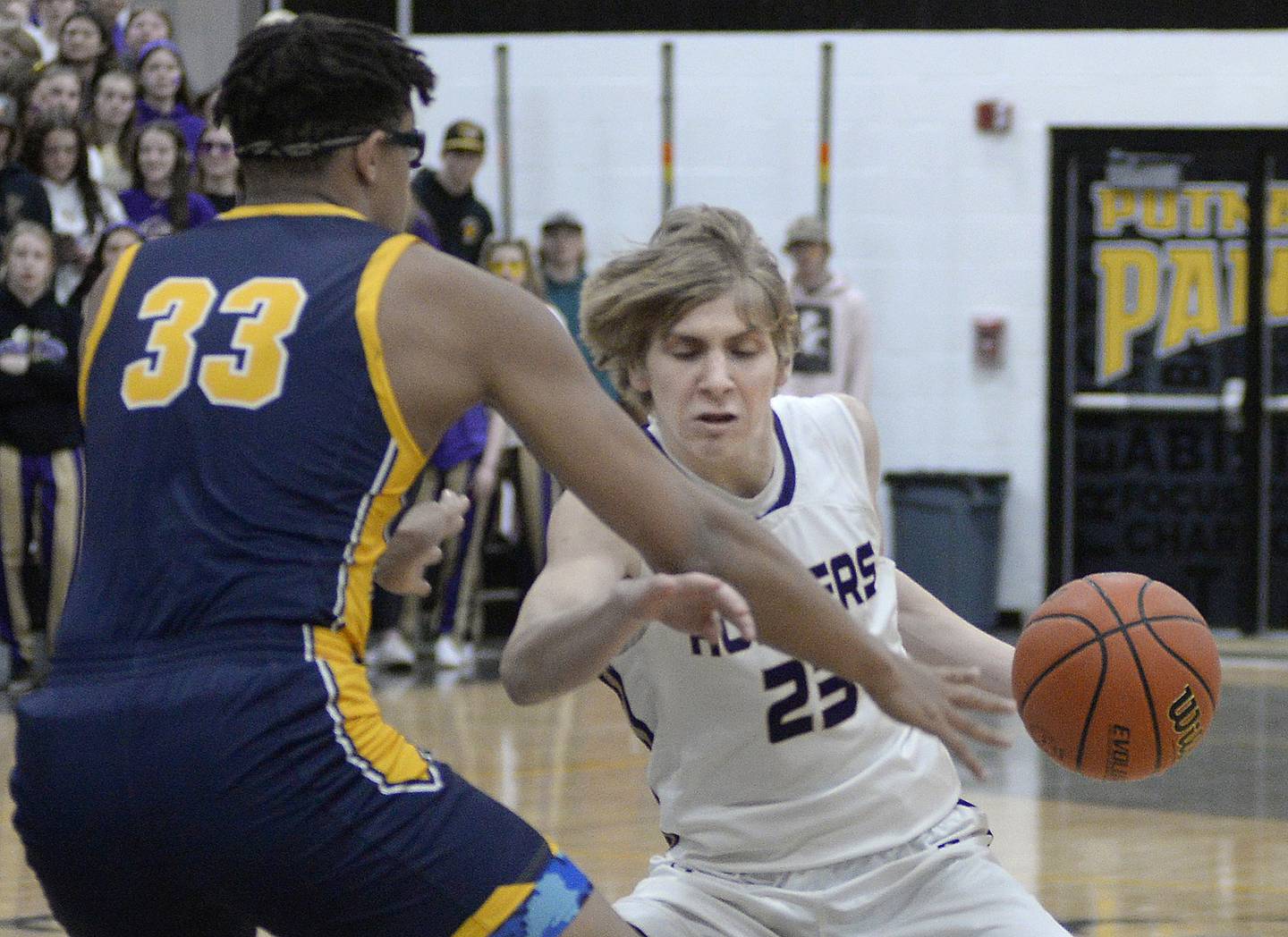 Serena’s Tanner Faivre works to get around St Francis De Sales Cyril Nichols Jr in the 1st period during the Class 1A Sectional final on Friday, March 3, 2023 at Putnam County High School.