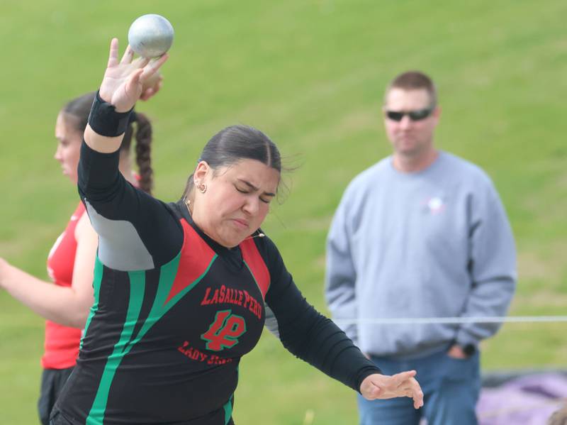 L-P''s Adde Medina throws shot put during the Class 2A Sectional track meet on Wednesday, May 13, 2026 in the Jeff Prusator Athletic Complex at Mendota High School.