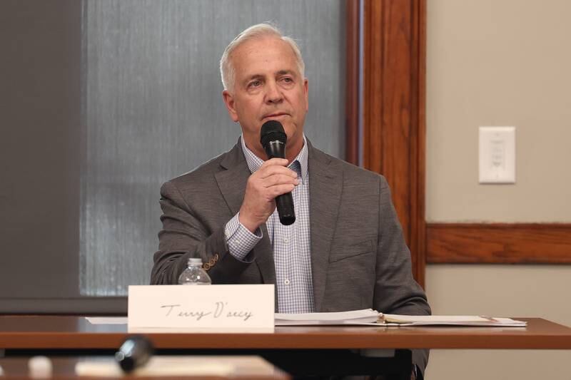 Joliet mayor candidate Terry D’Arcy answers a question at a forum for the candidates at the Joliet Public Library on Tuesday, March 28th, 2023 in Joliet.