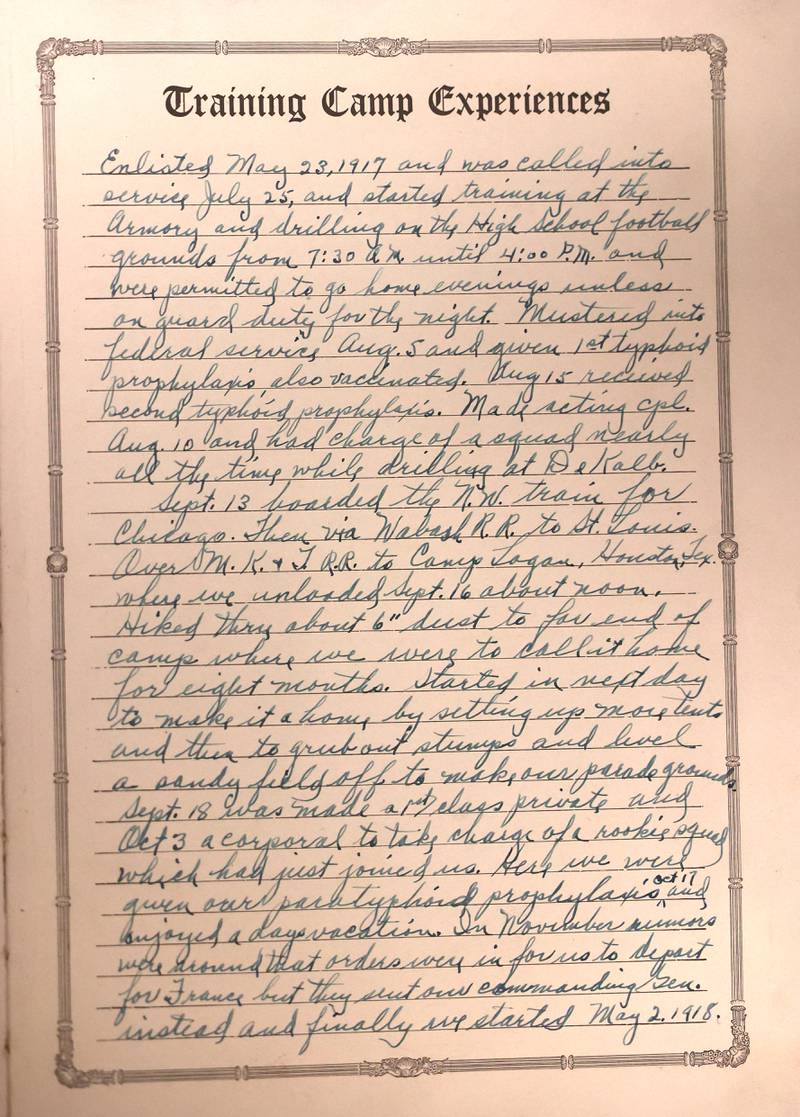 The training camp experiences written by WWI U.S. Army soldier Albert Leonhard inside his service record book that was recently purchased by DeKalb resident John Wright at a local estate sale.