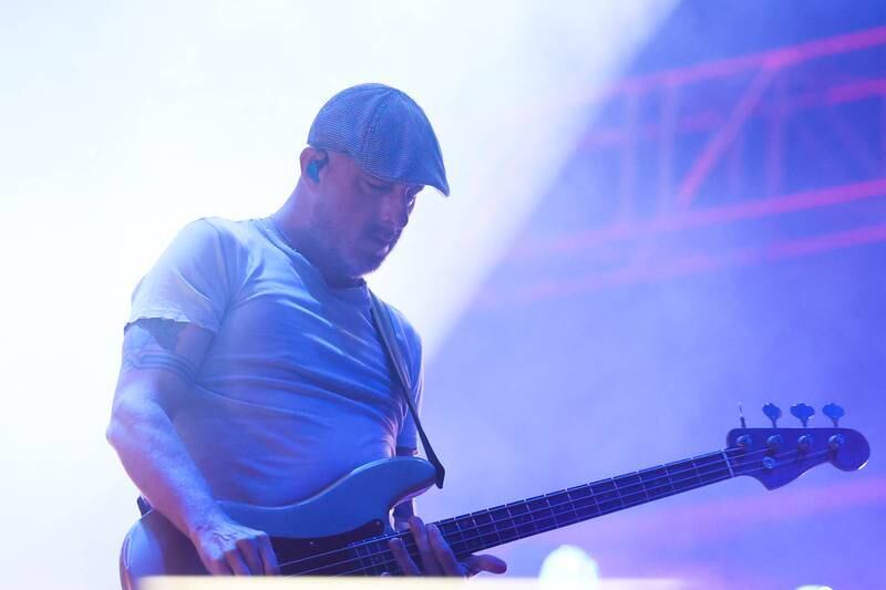 Alkaline Trio Bassist Dan Andriano, from Elgin, closes out the Roots stage on day one of Riot Fest. Friday, Sept. 17, 2022, in Chicago.