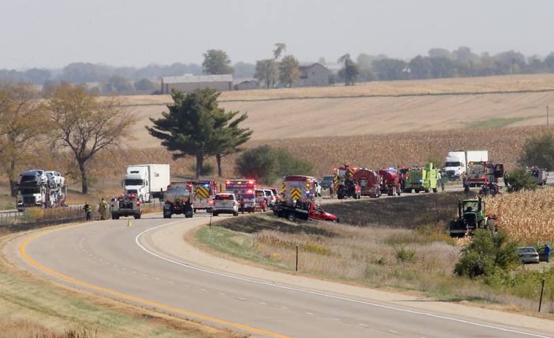 Firefighters extinguish a brushfire on Wednesday, Oct. 9, 2024 along Interstate 80 in the eastbound lane near mile post 65 in Bureau County. A MABAS box alarm was sent out around 11:45 a.m. and upgraded to a fourth-alarm. Interstate 80 was shut down in the Eastbound lane while firefighters doused the flames. Fire companies from Utica, Oglesby, Ladd, Bureau, Hennepin, Peru, La Salle, Spring Valley and others responded to the scene.