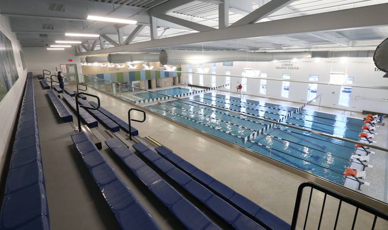 A view of the bleachers and pool inside the Punch and Joe O'Brien Aquatic Center inside the new YMCA on Monday, May 6, 2024 in Ottawa. The bleachers will be utilized for spectators during swim meets.