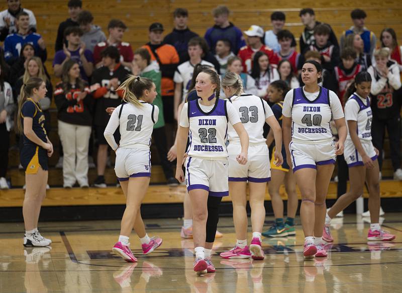 Dixon’s Katie Drew walks the floor near the start of the second half against Sterling Tuesday, Feb. 13, 2024 during a regional semifinal at Rochelle.