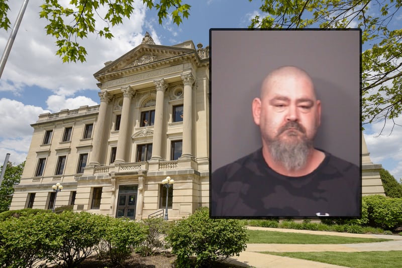 Roland Wilson, 49, of the 100 block of North Garfield Street in Hinckley was charged April 22, 2023 in connection with a string of alleged retail thefts at a Menards in Sycamore and a Walmart in DeKalb. (Inset photo provided by DeKalb Police Department)