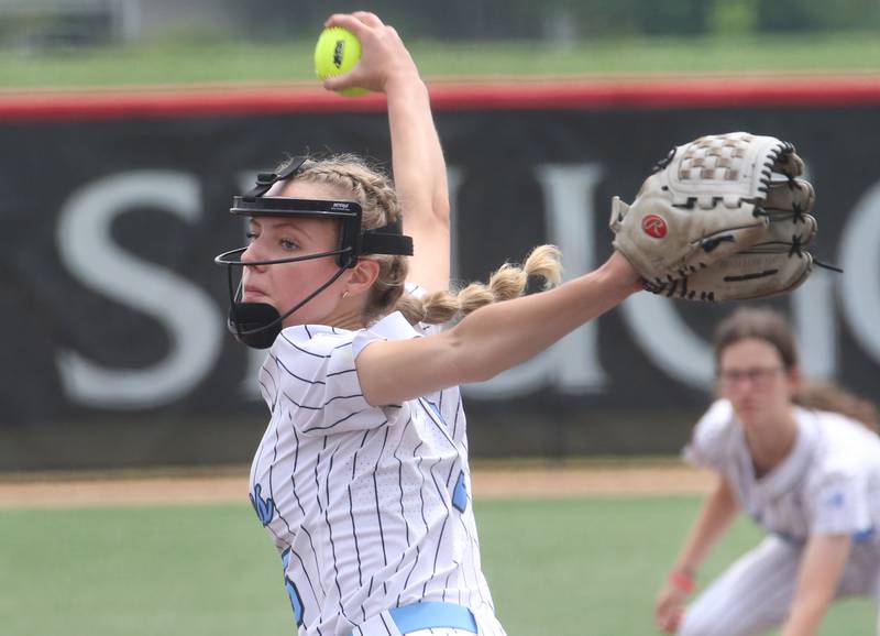Oak Park River Forest pitcher Anna Topel lets go of a throw  against Lockport during the Class 4A third-place game on Saturday, June 14, 2025 at the Louisville Slugger Sports Complex in Peoria.