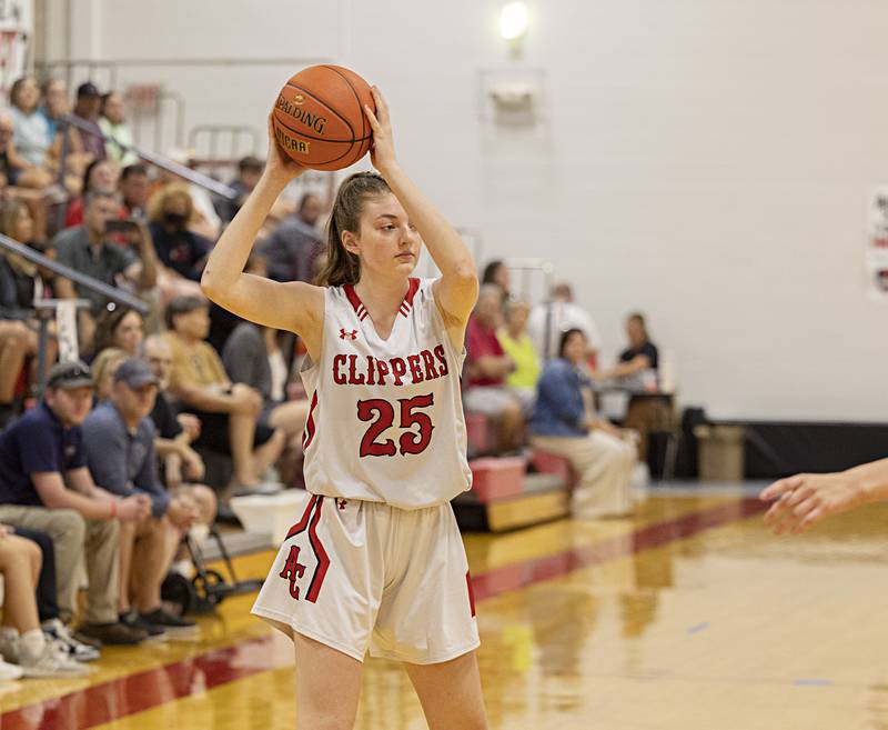 Amboy’s Courtney Ortgiesen looks to pass Thursday, June 15, 2023 during the Sauk Valley Media All-Star Basketball Classic at Sauk Valley College.