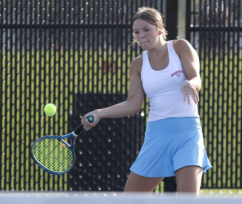 Marian Central’s Kaitlyn Remke returns the ball  during a non-conference tennis match on Monday, Sept. 25, 2023, at Crystal Lake Central High School.