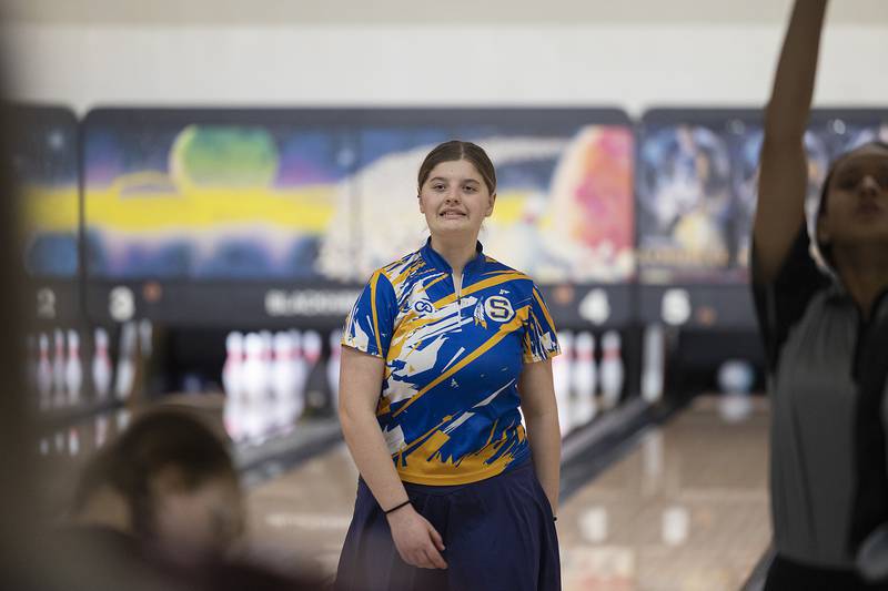 Sterling’s Hailey Conderman reacts to picking up a spare against Galesburg Tuesday, Jan. 7, 2025, at Blackhawk Lanes.