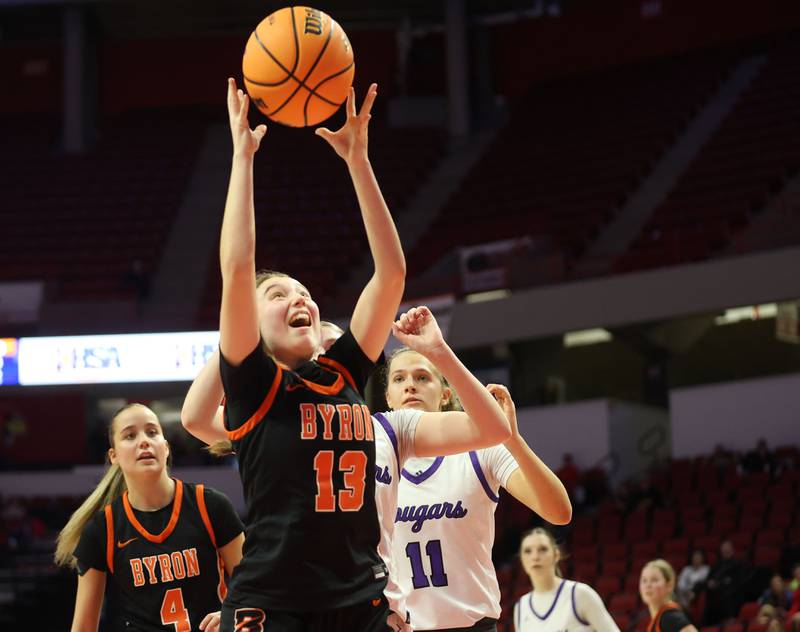 Byron's Brynn Green lets go of a shot under the hoop against Breese Central during the Class 2A title game on Saturday, March 7, 2026 at CEFCU Arena in Normal.