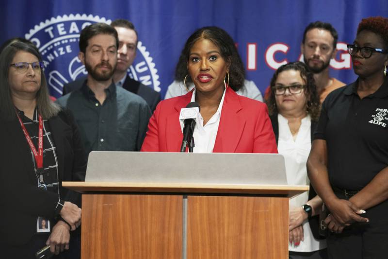 The Chicago Teachers Union (CTU) President Stacy Davis Gates speaks about Teachers Union to Announce Historic Contract Ratification Vote Results during news conference at CTU headquarters in Chicago, Monday, April 14, 2025. (AP Photo/Nam Y. Huh)