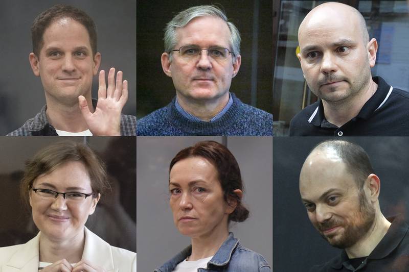 This photo combination shows, clockwise from top left: Wall Street Journal reporter Evan Gershkovich, corporate security executive Paul Whelan, former head of Open Russia movement Andrei Pivovarov, Russian opposition activist Vladimir Kara-Murza, Prague-based editor for the U.S. government-funded Radio Free Europe/Radio Liberty's Tatar-Bashkir service Alsu Kurmasheva, and Lilia Chanysheva, former coordinator of regional offices of the late opposition figure Alexei Navalny. (AP Photo)